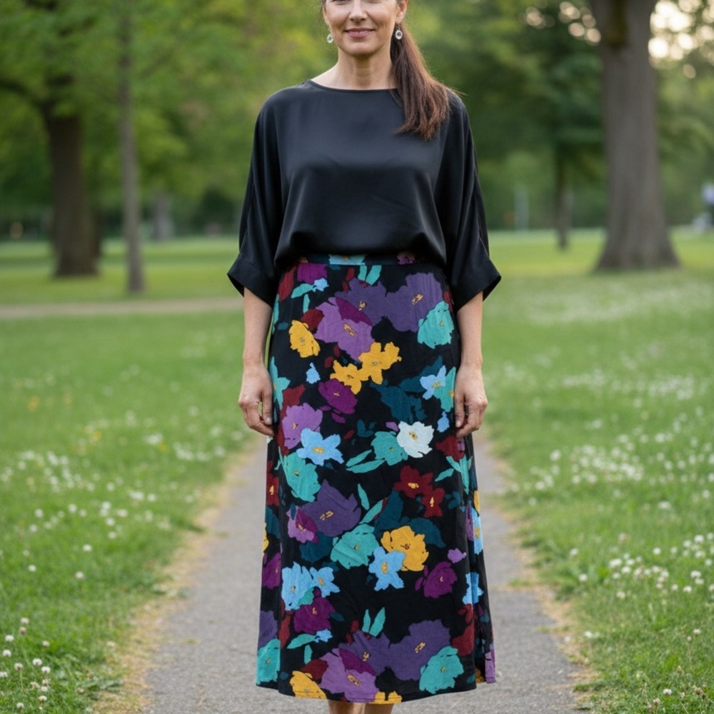 AnyBody A-Line Skirt - Black with Multicolor Floral 52 % Viscose 48% Cotton - Picture 5 of 7